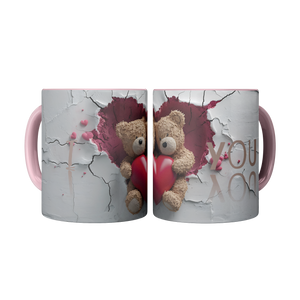 Valentines Day 3D Teddy Bear  1 heart Couple Coffee Mug (Pink)